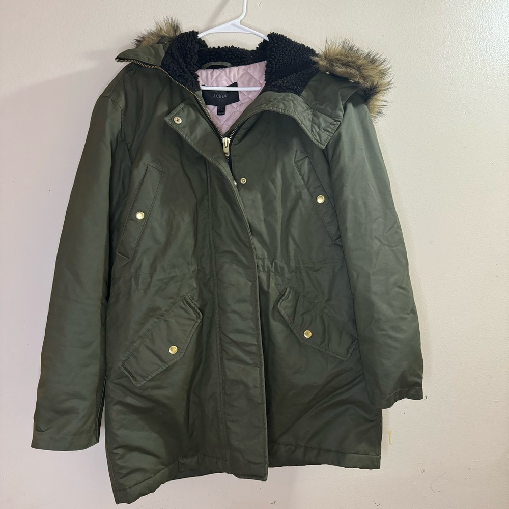J. Crew Perfect Winter Parka Primaloft Olive Green large - Picture 9 of 15